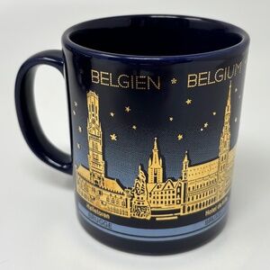 Bockling Belgium Souvenir Coffee Mug Cup Blue Metallic Gold Cityscape Buildings